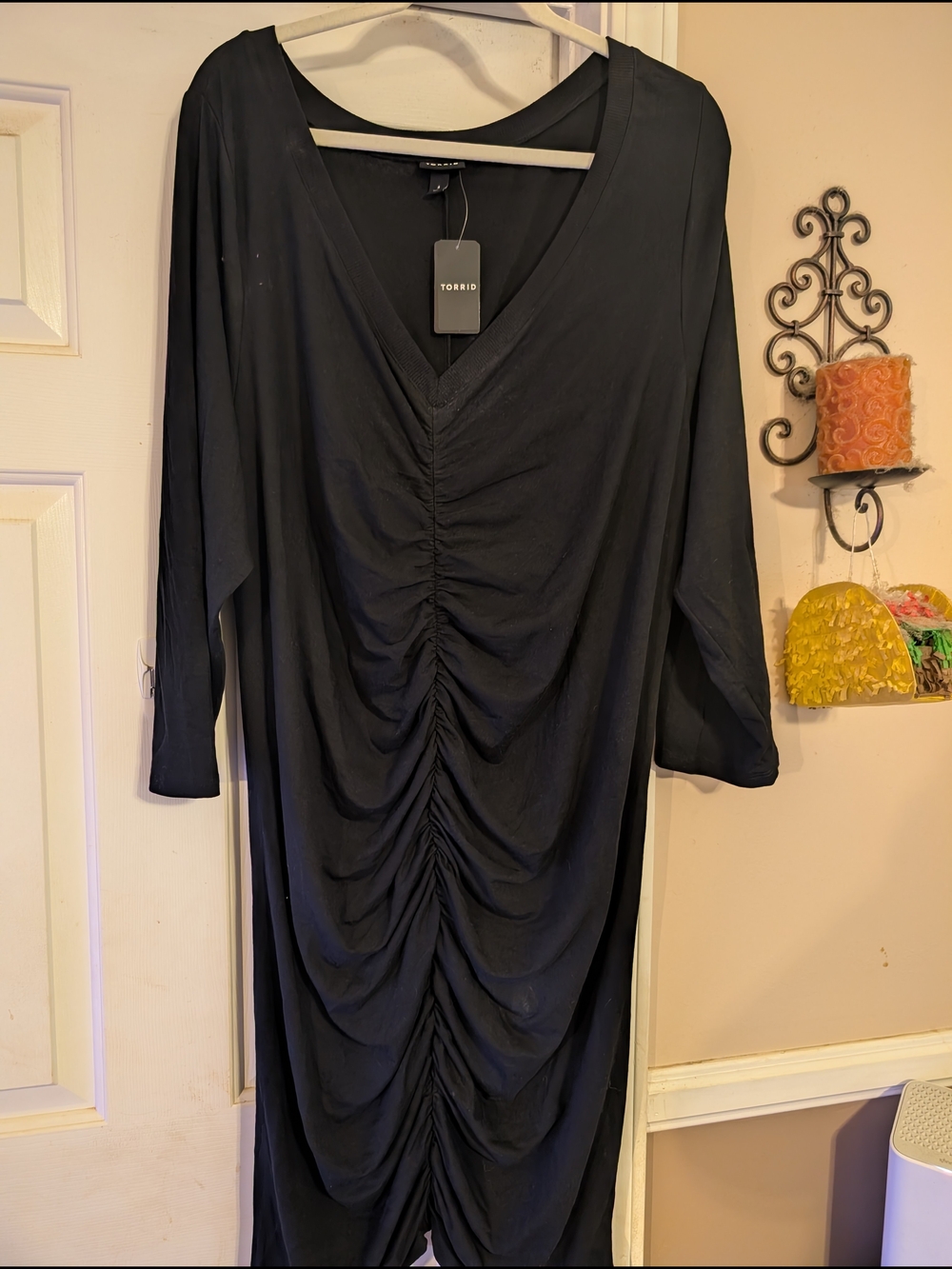 torrid Black Ruched V-Neck Long Sleeve Bodycon Dress